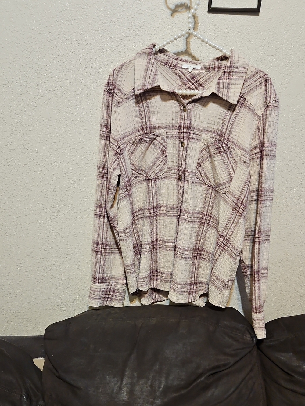 Maurices Cream and Purple Plaid Button-Up Shirt